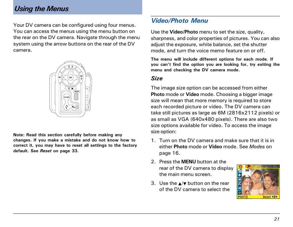 Using the menus, Video/photo menu | Microtek MV300 User Manual | Page 21 / 47