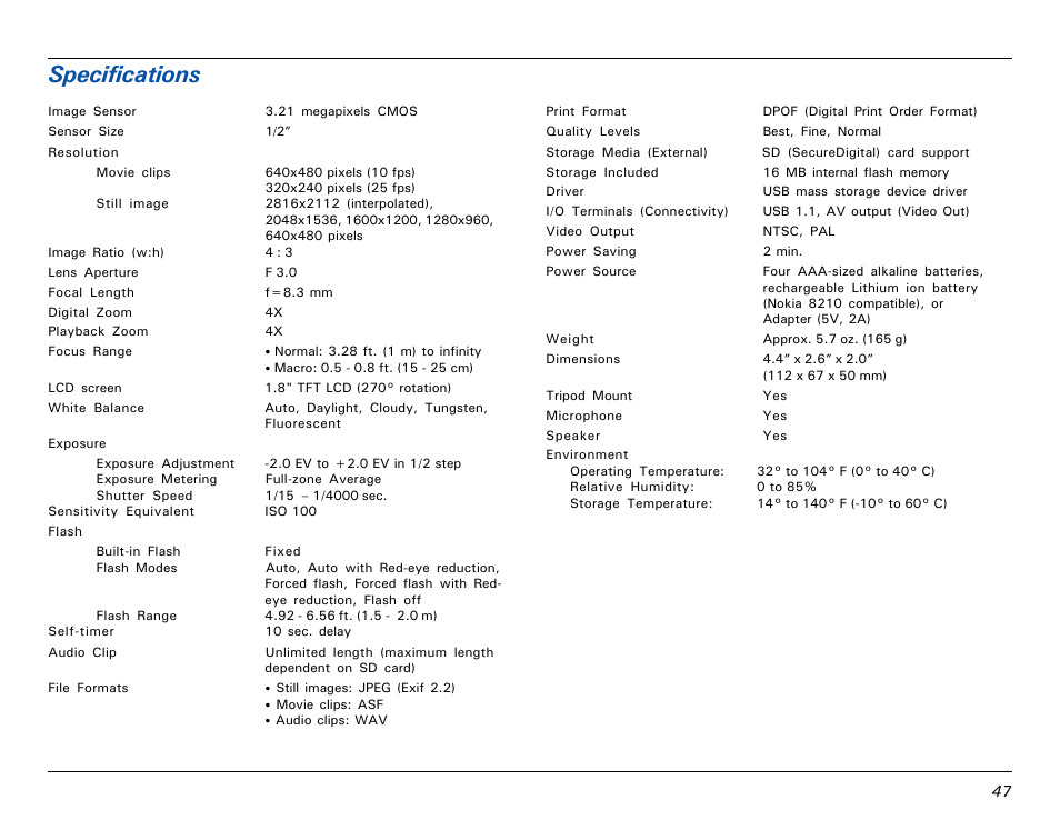 Specifications | Microtek MV300 User Manual | Page 47 / 47