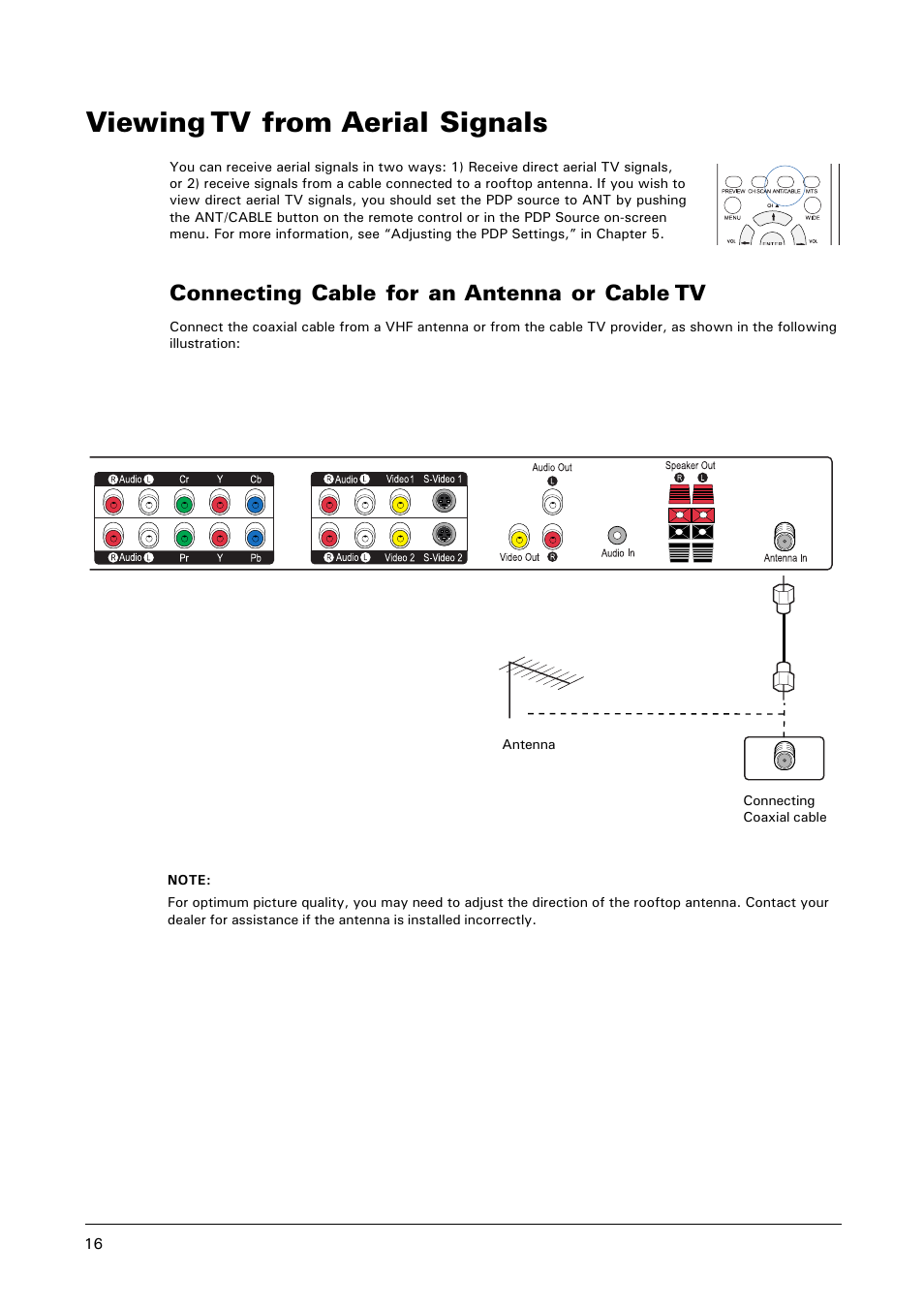 Viewing tv from aerial signals, Connecting cable for an antenna or cable tv | Microtek MHP1-HD User Manual | Page 16 / 48