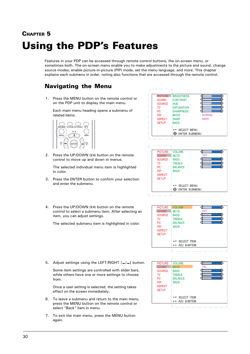Using the pdp’s features, Navigating the menu | Microtek MHP1-HD User Manual | Page 30 / 48