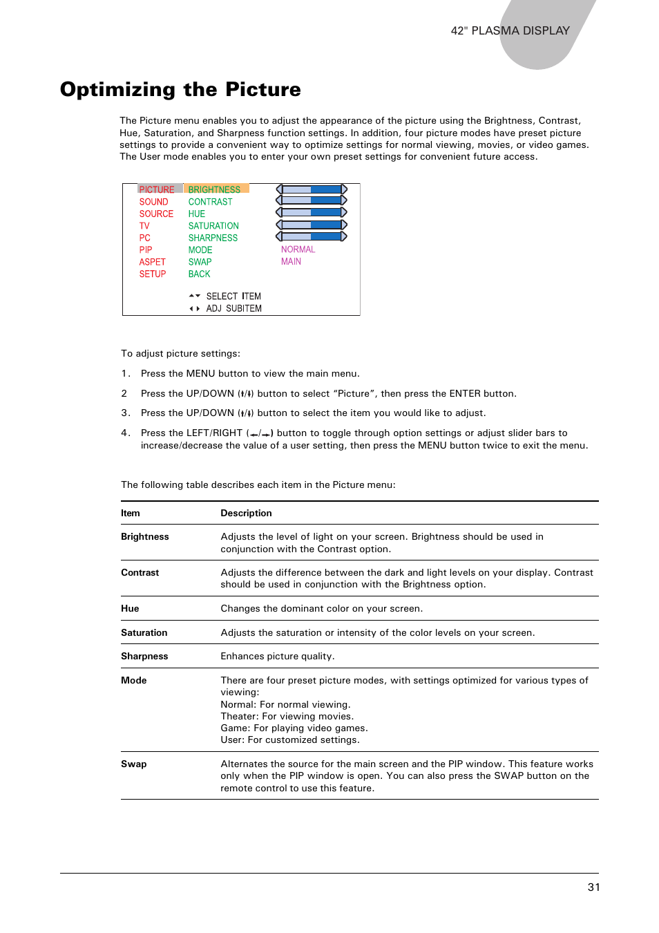 Optimizing the picture | Microtek MHP1-HD User Manual | Page 31 / 48