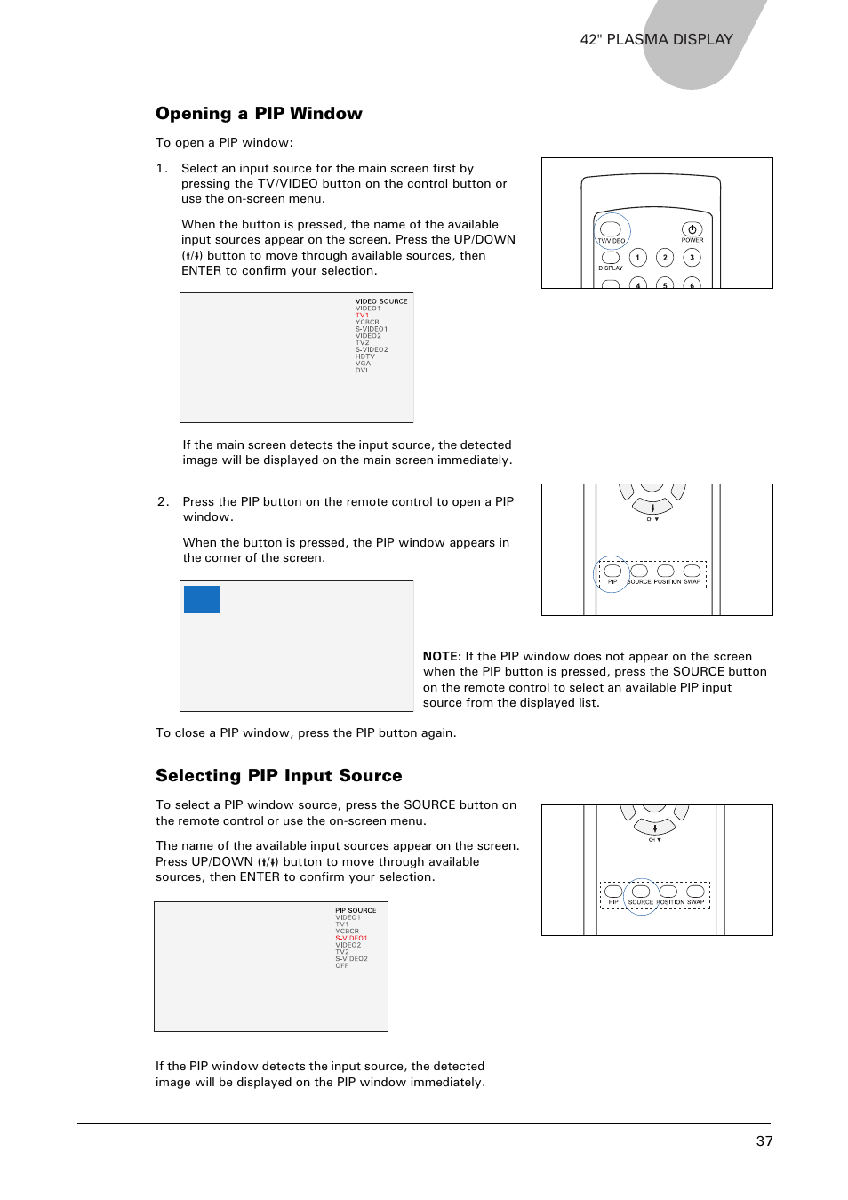 Opening a pip window, Selecting pip input source | Microtek MHP1-HD User Manual | Page 37 / 48