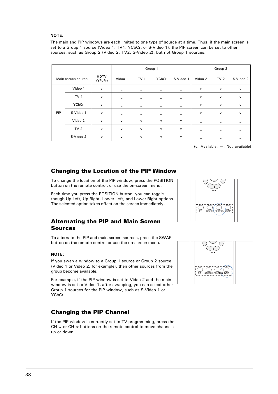 Changing the location of the pip window, Alternating the pip and main screen sources, Changing the pip channel | Microtek MHP1-HD User Manual | Page 38 / 48