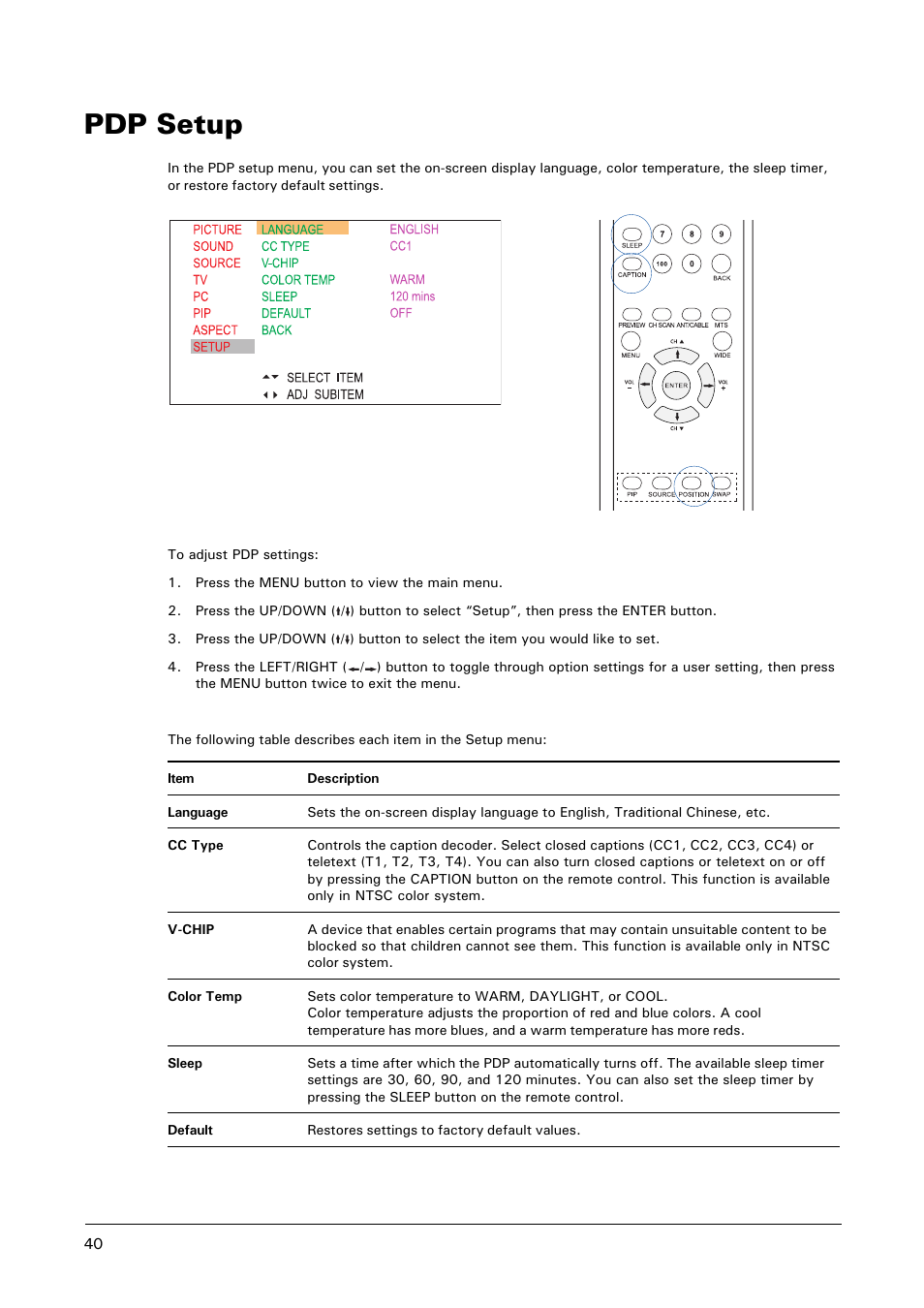 Pdp setup | Microtek MHP1-HD User Manual | Page 40 / 48