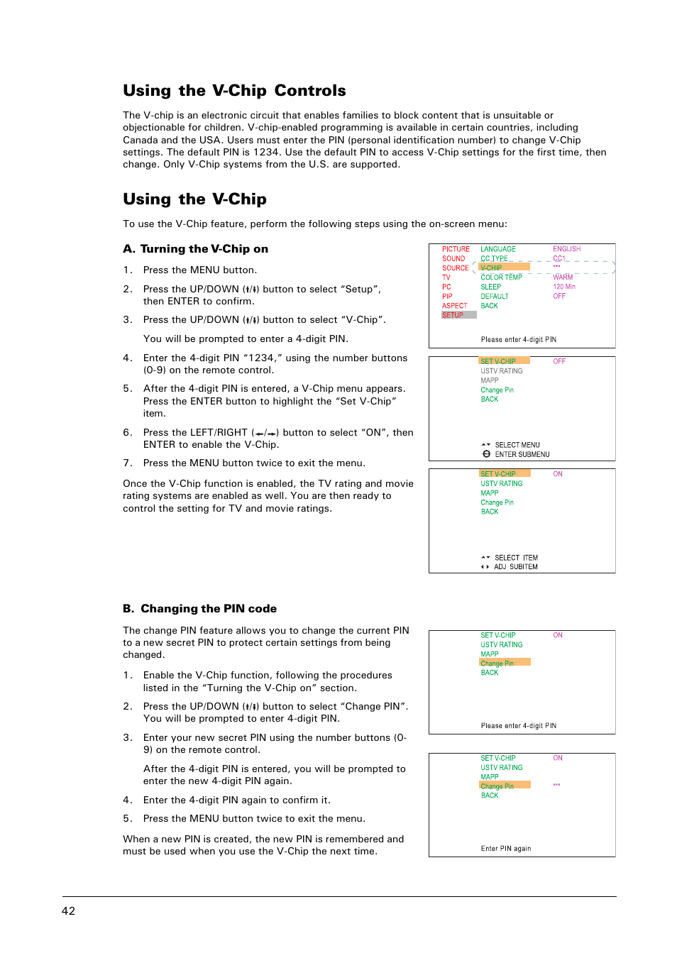 Using the v-chip, Using the v-chip controls | Microtek MHP1-HD User Manual | Page 42 / 48