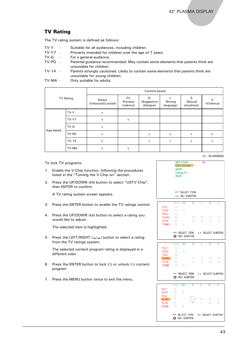 Tv rating, 43 42" plasma display | Microtek MHP1-HD User Manual | Page 43 / 48
