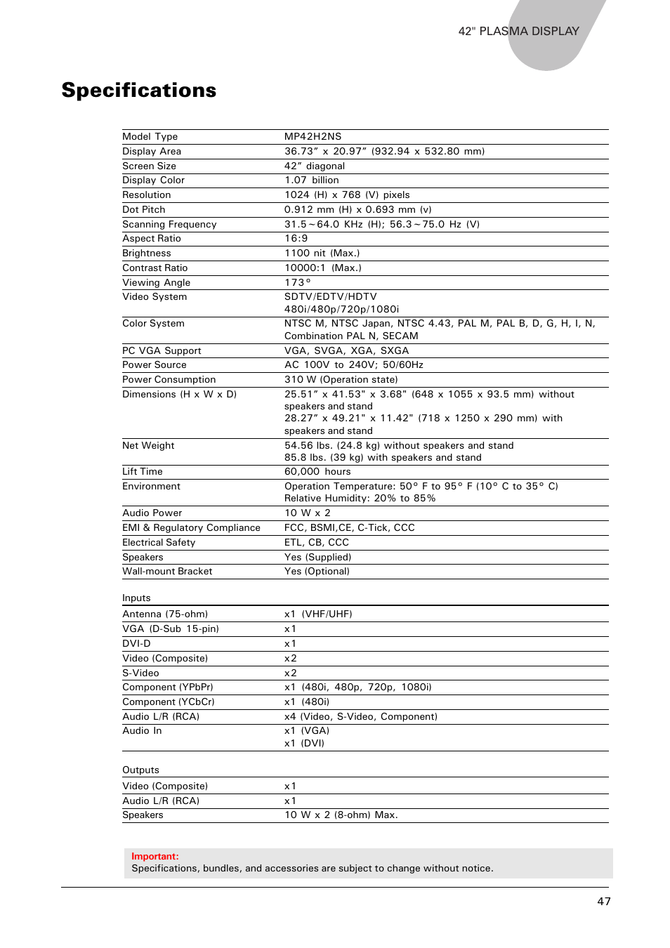 Specifications | Microtek MHP1-HD User Manual | Page 47 / 48