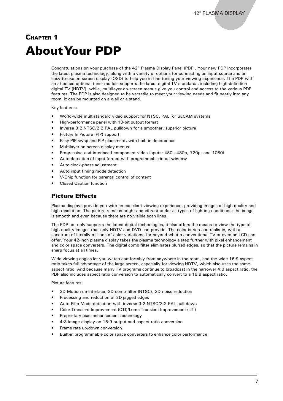 About your pdp, Picture effects | Microtek MHP1-HD User Manual | Page 7 / 48