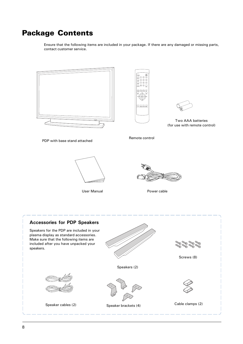 Package contents, Accessories for pdp speakers | Microtek MHP1-HD User Manual | Page 8 / 48