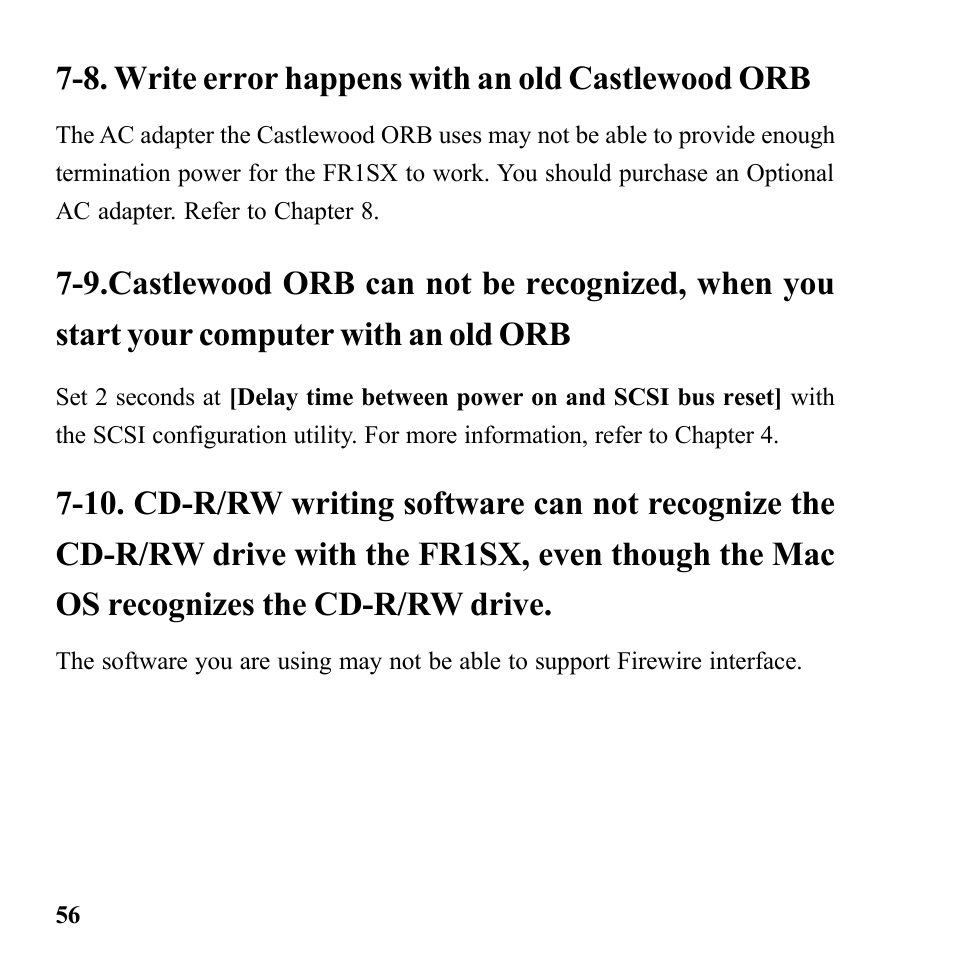 8. write error happens with an old castlewood orb, 9.castlewood orb can not be recognized, when you, 10. cd-r/rw writing software can not recognize the | Microtek Converter User Manual | Page 60 / 65