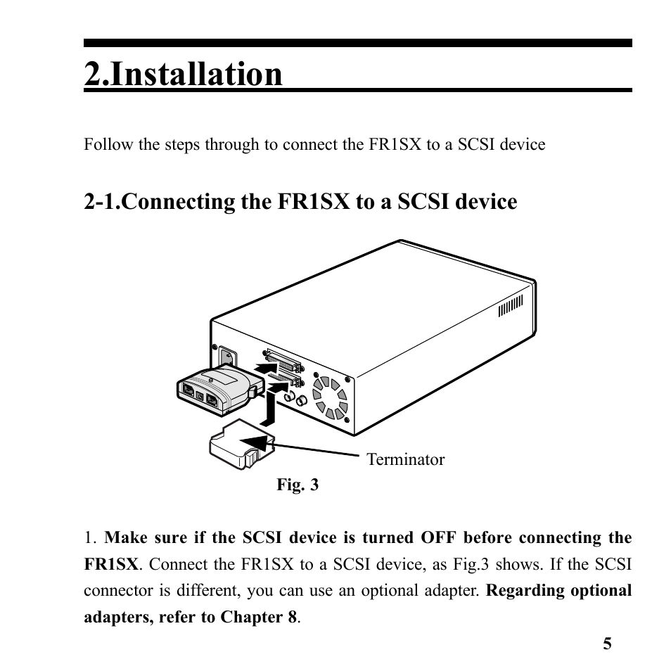 Installation, 1.connecting the fr1sx to a scsi device | Microtek Converter User Manual | Page 9 / 65