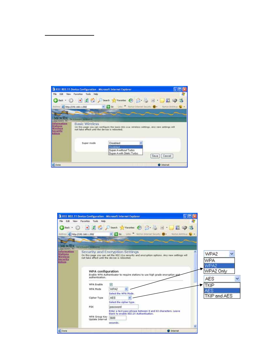 Web pages, D. wireless, E. security | Wpa configuration | Microtek MiniLink User Manual | Page 16 / 25