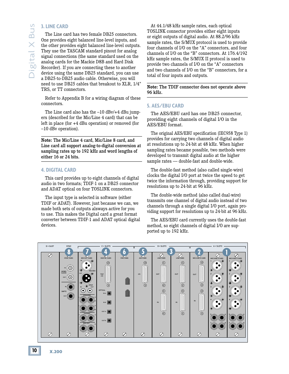 Line card 4. digital card 5. aes/ebu card, Digital x bus, Line card | Digital card, Aes/ebu card, X.200 | MACKIE DIGITALXBUS X.200 User Manual | Page 10 / 98