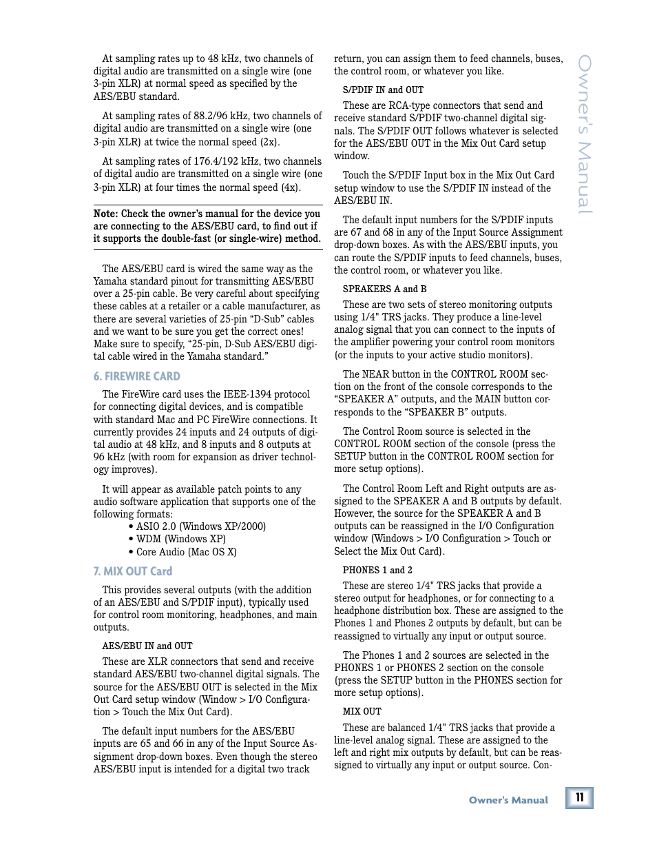 Firewire card 7. mix out card, Owner 's manual, Firewire card | Mix out card | MACKIE DIGITALXBUS X.200 User Manual | Page 11 / 98