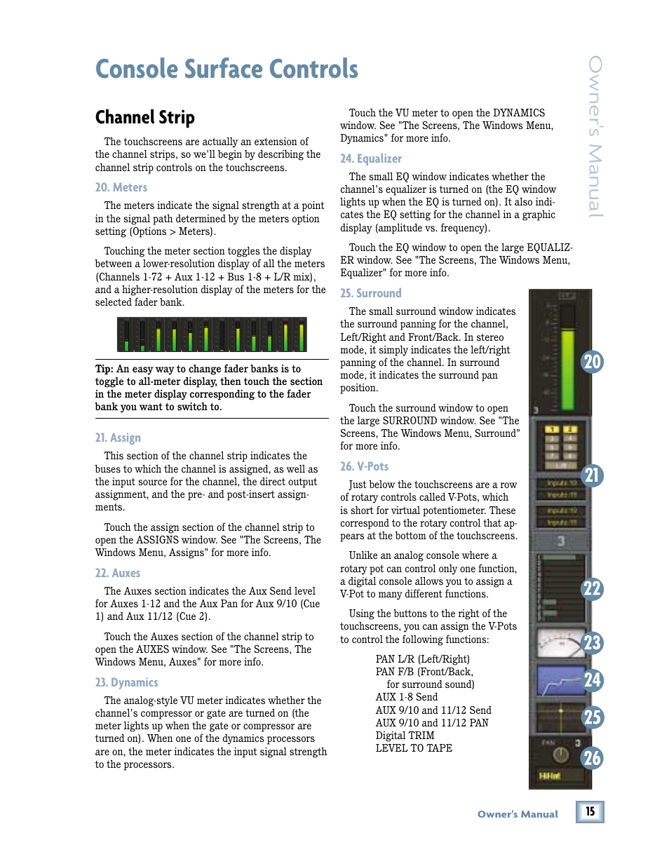 Console surface controls, Channel strip, Owner 's manual | MACKIE DIGITALXBUS X.200 User Manual | Page 15 / 98