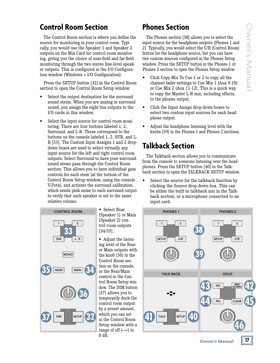 Control room section, Phones section, Talkback section | Owner 's manual | MACKIE DIGITALXBUS X.200 User Manual | Page 17 / 98