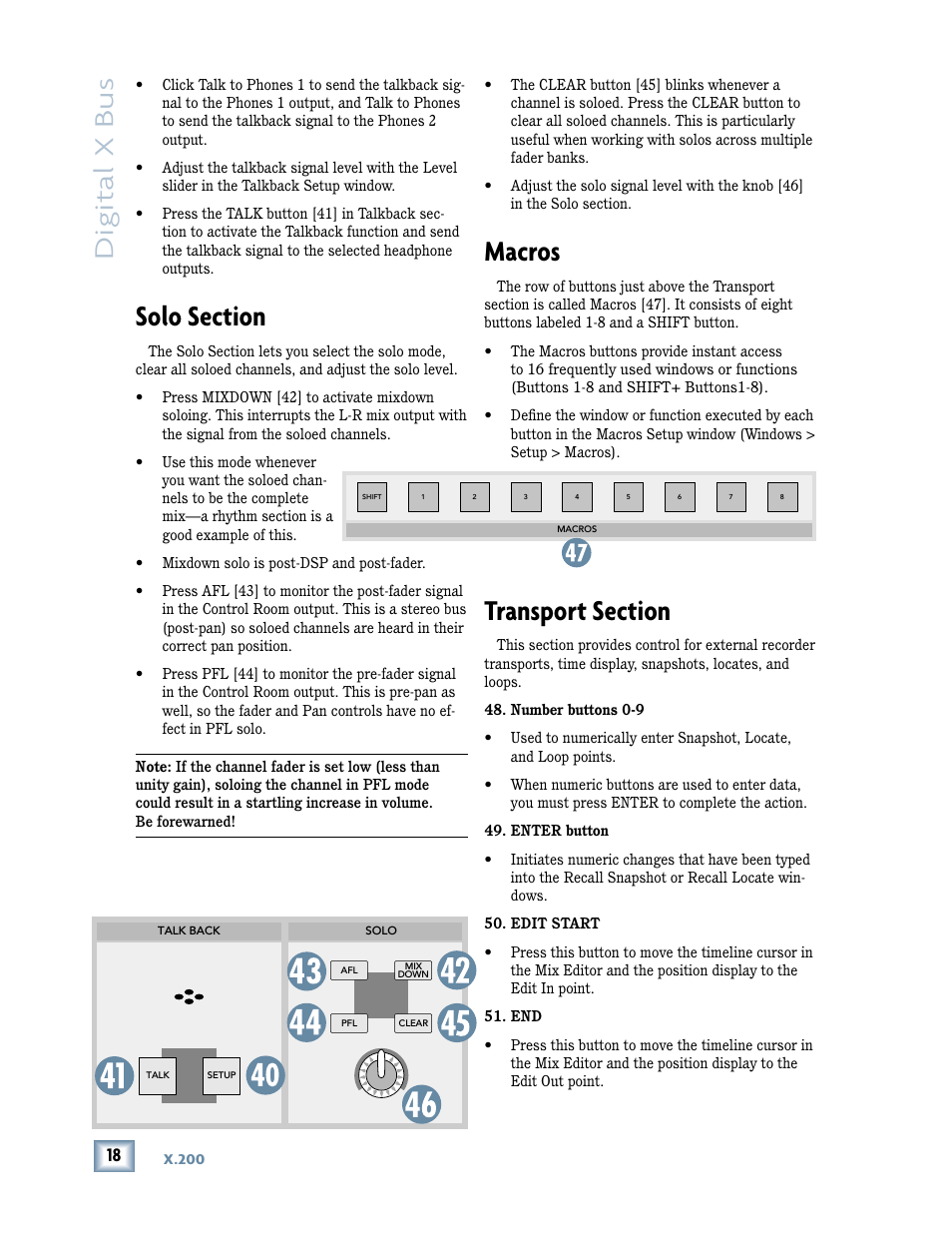 Solo section, Macros, Transport section | Digital x bus | MACKIE DIGITALXBUS X.200 User Manual | Page 18 / 98