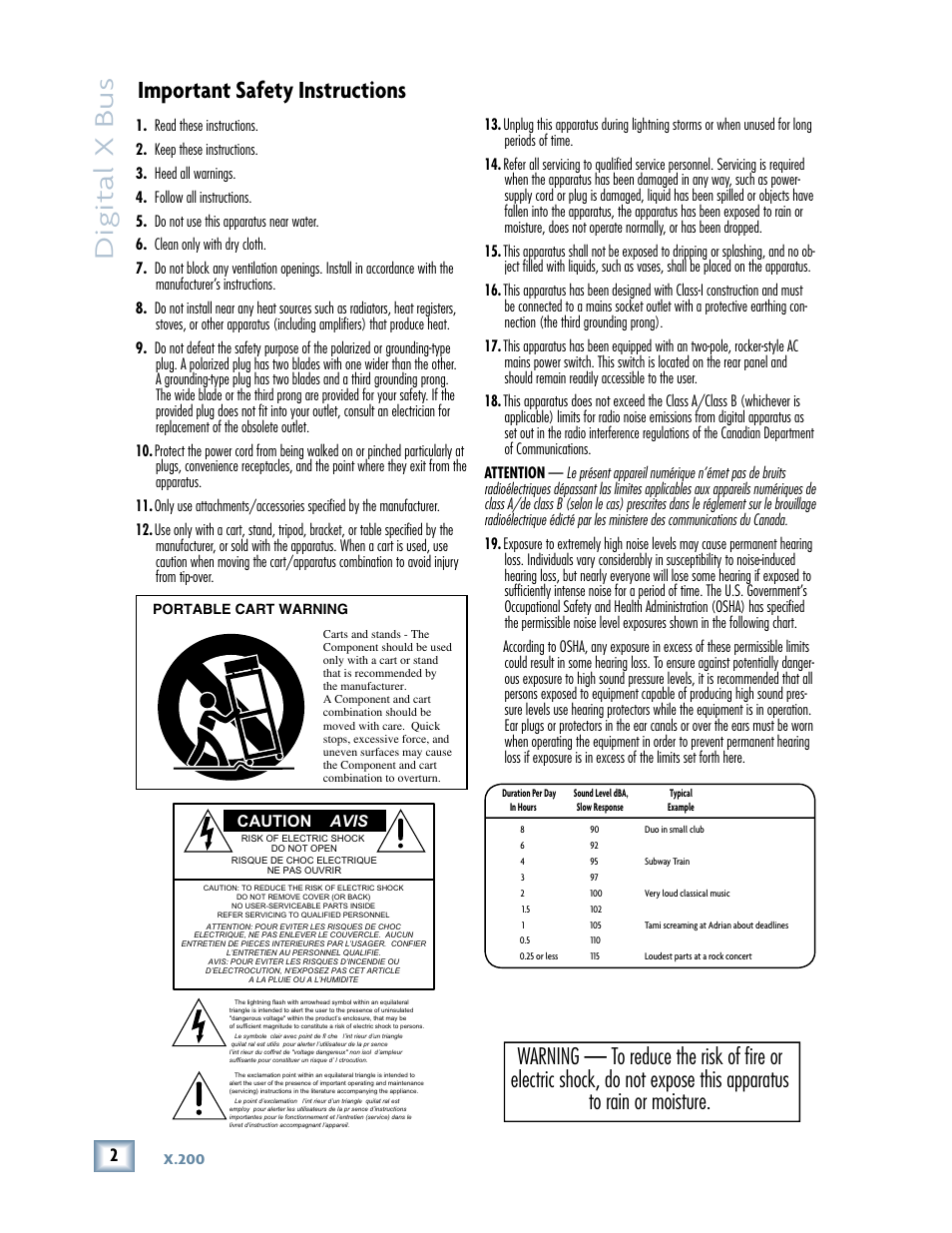 Digital x bus, Important safety instructions, Caution avis | MACKIE DIGITALXBUS X.200 User Manual | Page 2 / 98