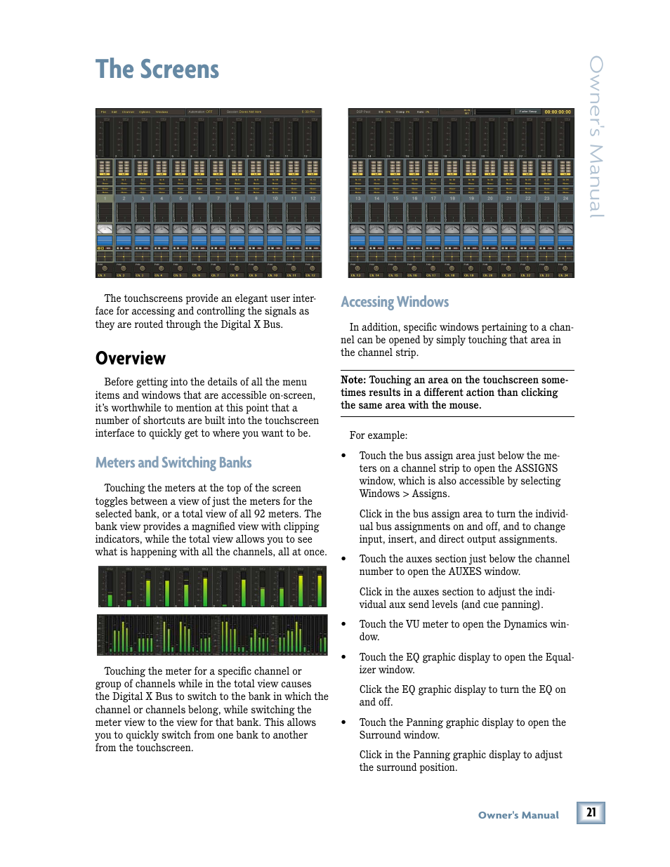 The screens, Overview, Meters and switching banks | Accessing windows, Owner 's manual | MACKIE DIGITALXBUS X.200 User Manual | Page 21 / 98
