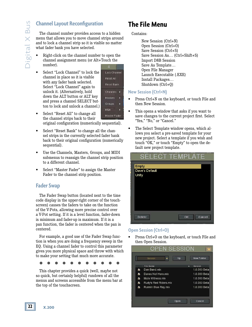 Channel layout reconﬁ guration, Fader swap, The file menu | New session (ctrl+n) open session (ctrl+o), Digital x bus | MACKIE DIGITALXBUS X.200 User Manual | Page 22 / 98