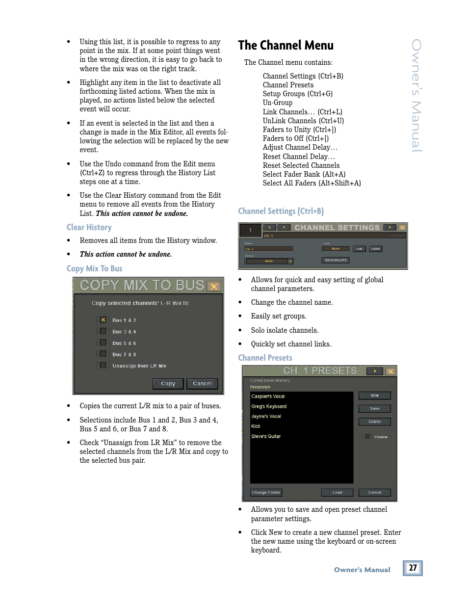 Clear history copy mix to bus, The channel menu, Channel settings (ctrl+b) channel presets | Owner 's manual | MACKIE DIGITALXBUS X.200 User Manual | Page 27 / 98
