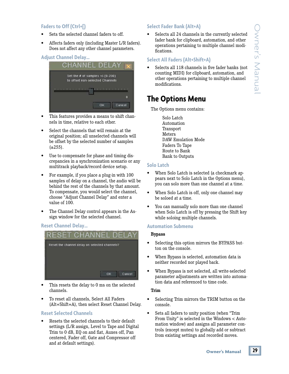 The options menu, Solo latch automation submenu, Owner 's manual | MACKIE DIGITALXBUS X.200 User Manual | Page 29 / 98