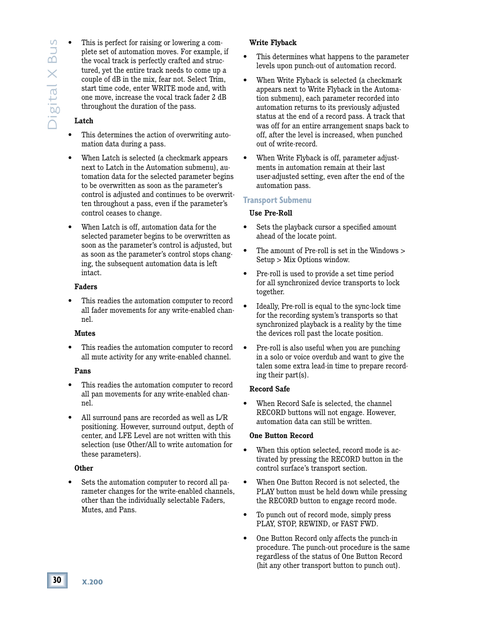 Transport submenu, Digital x bus | MACKIE DIGITALXBUS X.200 User Manual | Page 30 / 98