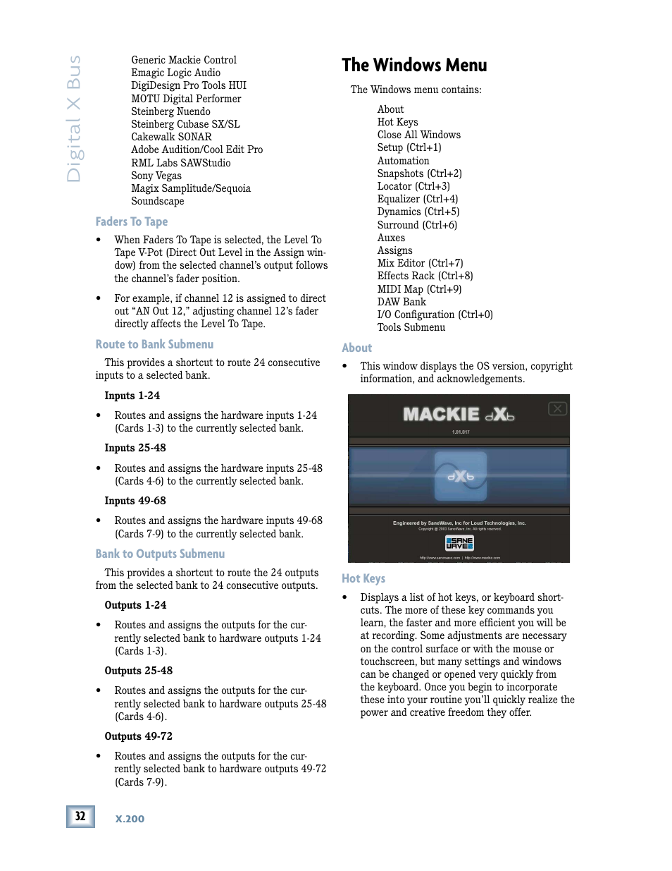 The windows menu, Digital x bus, Faders to tape | Route to bank submenu, Bank to outputs submenu, About, Hot keys | MACKIE DIGITALXBUS X.200 User Manual | Page 32 / 98