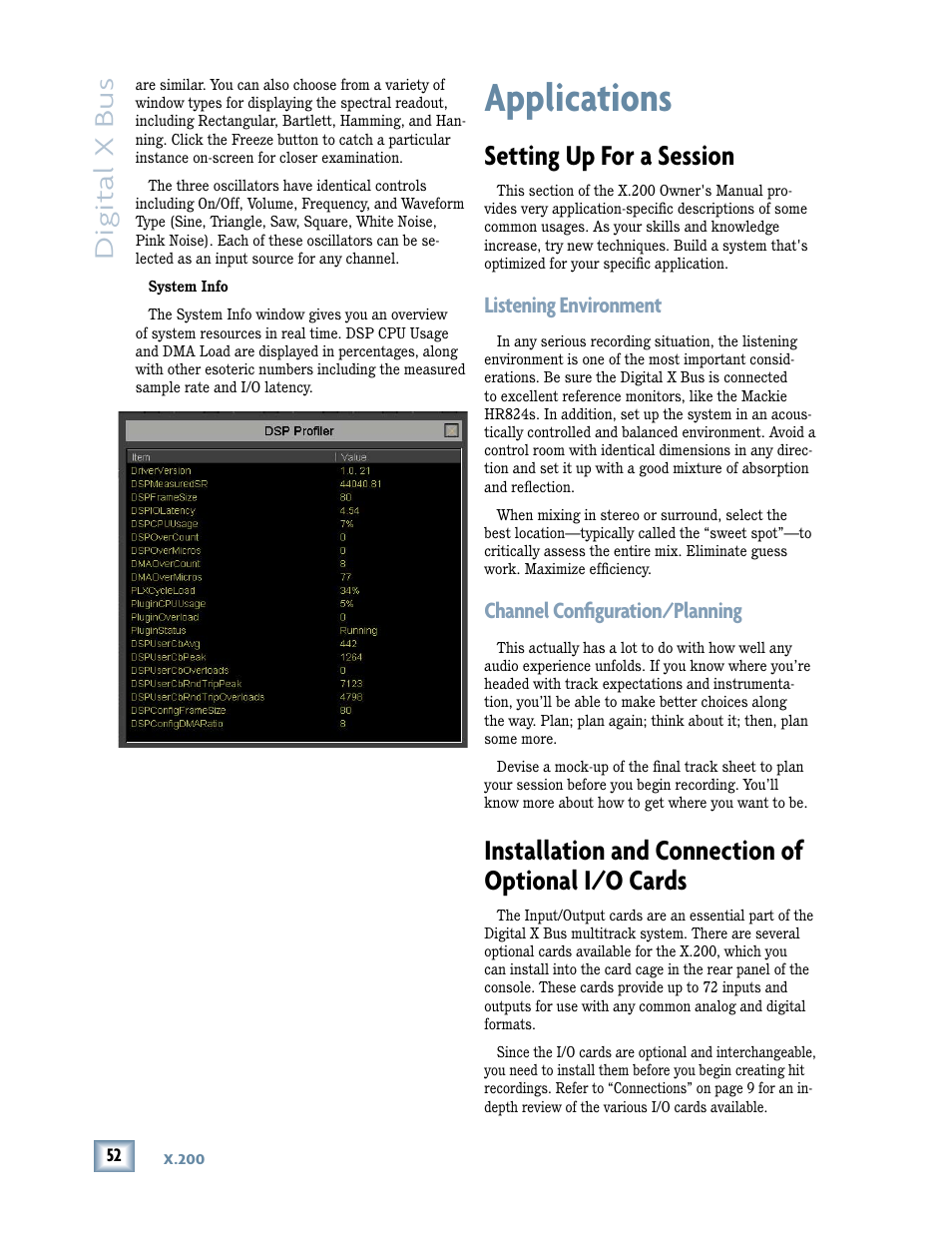 Applications, Setting up for a session, Installation and connection of optional i/o cards | Digital x bus, Listening environment, Channel conﬁ guration/planning | MACKIE DIGITALXBUS X.200 User Manual | Page 52 / 98
