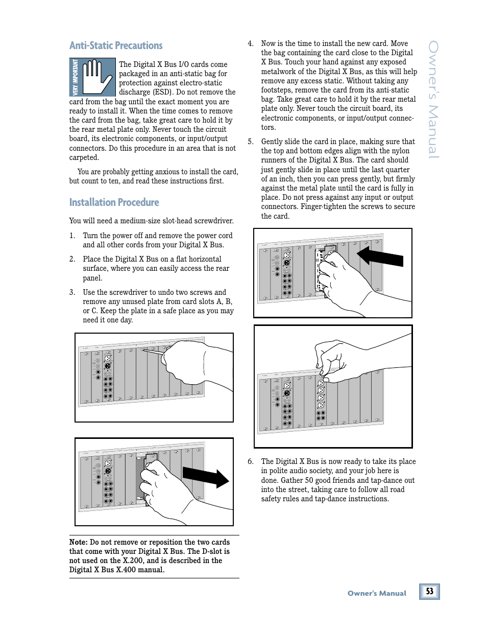 Owner 's manual, Anti-static precautions, Installation procedure | MACKIE DIGITALXBUS X.200 User Manual | Page 53 / 98