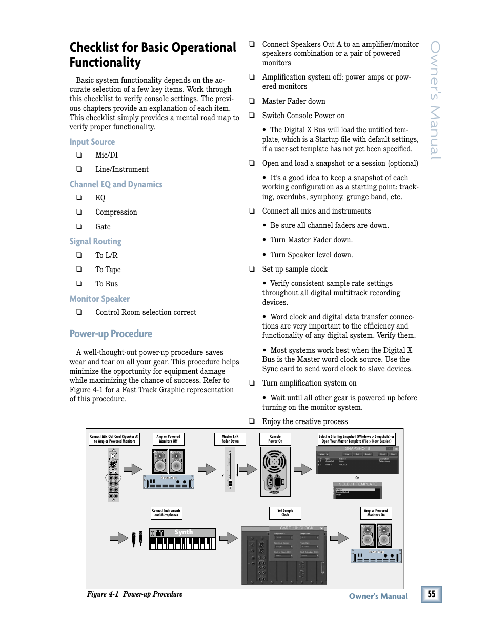 Checklist for basic operational functionality, Owner 's manual, Power-up procedure | Input source, Channel eq and dynamics, Signal routing, Monitor speaker | MACKIE DIGITALXBUS X.200 User Manual | Page 55 / 98