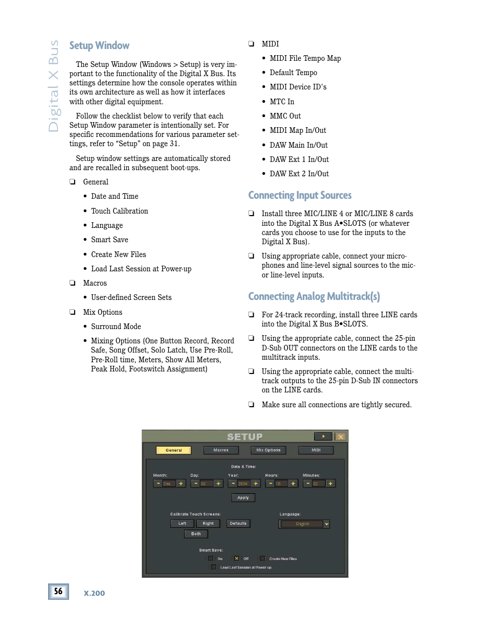 Digital x bus, Setup window, Connecting input sources | Connecting analog multitrack(s) | MACKIE DIGITALXBUS X.200 User Manual | Page 56 / 98