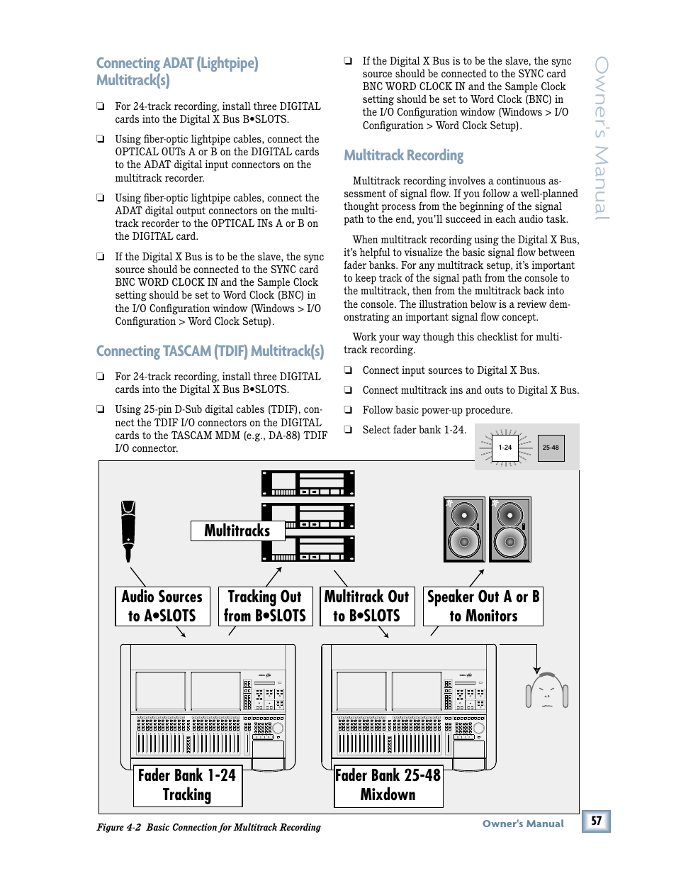 Owner 's manual, Connecting adat (lightpipe) multitrack(s), Connecting tascam ( tdif) multitrack(s) | Multitrack recording | MACKIE DIGITALXBUS X.200 User Manual | Page 57 / 98