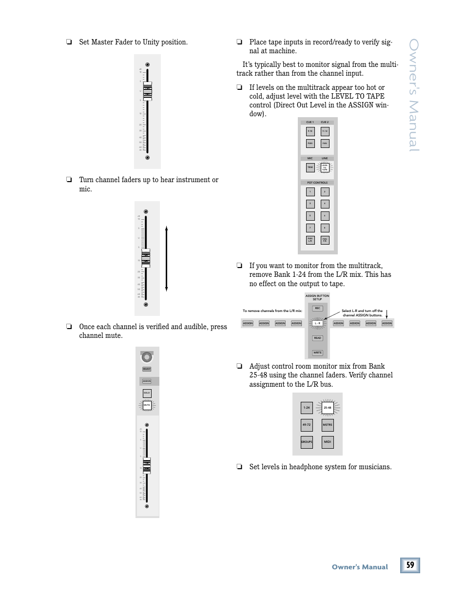 Owner 's manual, Owner's manual, Set master fader to unity position | Turn channel faders up to hear instrument or mic, Set levels in headphone system for musicians | MACKIE DIGITALXBUS X.200 User Manual | Page 59 / 98