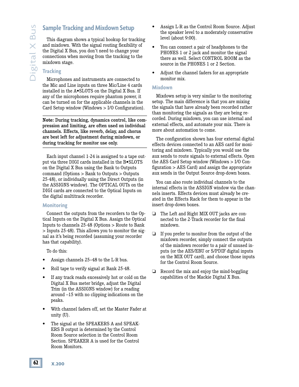 Digital x bus, Sample tracking and mixdown setup | MACKIE DIGITALXBUS X.200 User Manual | Page 62 / 98