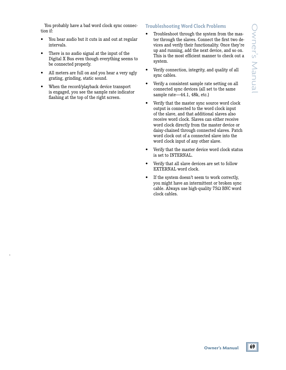 Troubleshooting word clock problems, Owner 's manual | MACKIE DIGITALXBUS X.200 User Manual | Page 69 / 98