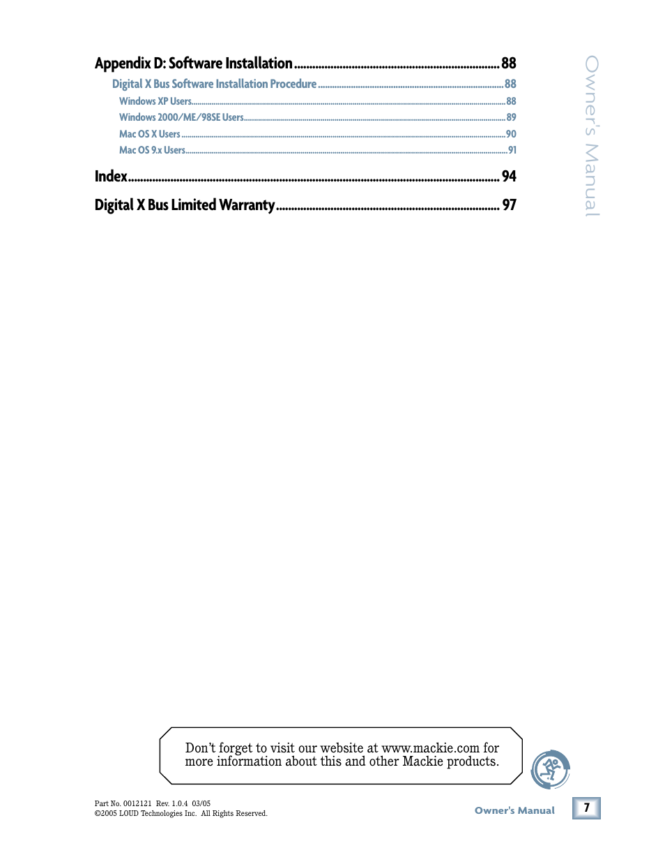 Owner 's manual, Appendix d: software installation, Index digital x bus limited warranty | MACKIE DIGITALXBUS X.200 User Manual | Page 7 / 98