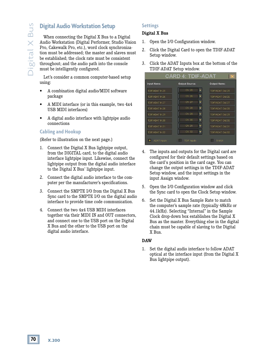 Digital audio workstation setup, Cabling and hookup settings, Digital x bus | MACKIE DIGITALXBUS X.200 User Manual | Page 70 / 98