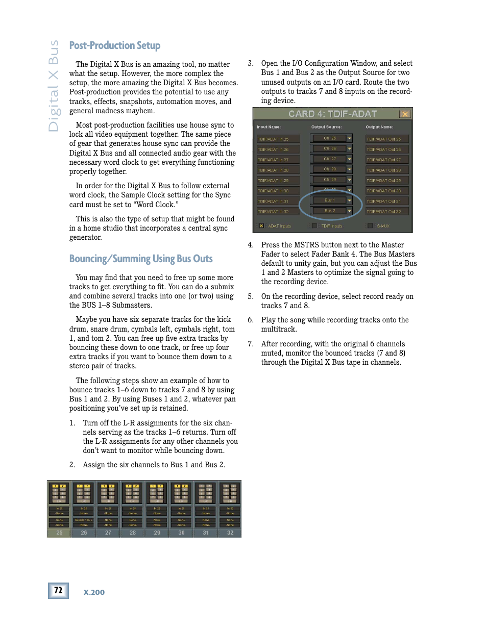 Post-production setup, Bouncing/summing using bus outs, Digital x bus | MACKIE DIGITALXBUS X.200 User Manual | Page 72 / 98