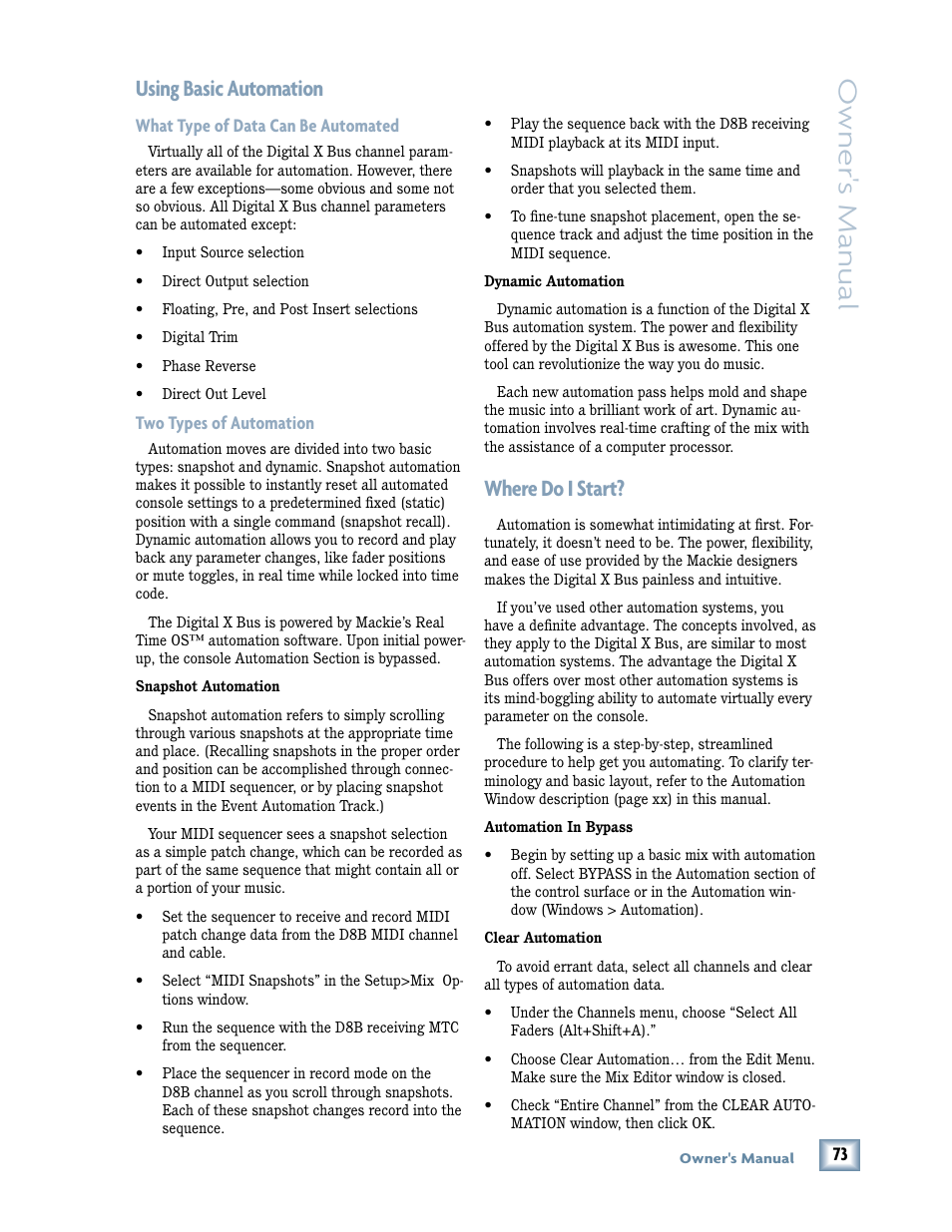 Using basic automation, Where do i start, Owner 's manual | MACKIE DIGITALXBUS X.200 User Manual | Page 73 / 98