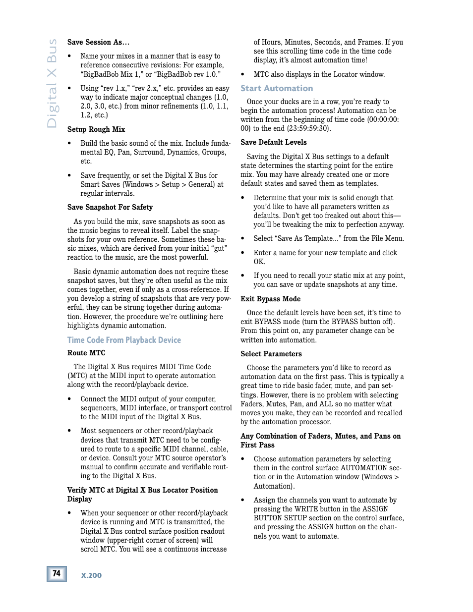 Time code from playback device start automation, Digital x bus, Time code from playback device | Start automation | MACKIE DIGITALXBUS X.200 User Manual | Page 74 / 98