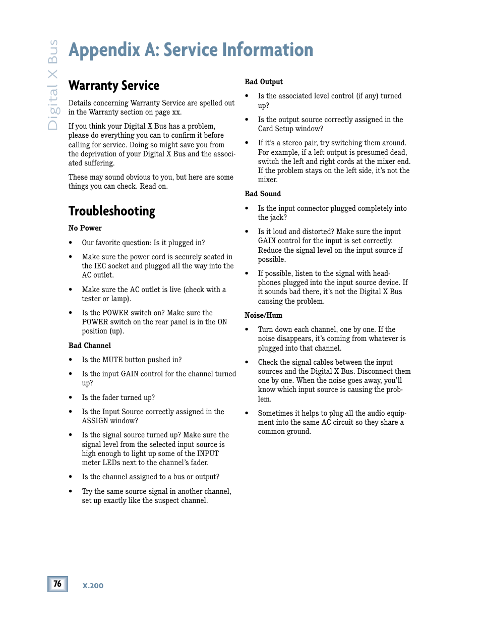 Appendix a: service information, Warranty service, Troubleshooting | Digital x bus | MACKIE DIGITALXBUS X.200 User Manual | Page 76 / 98