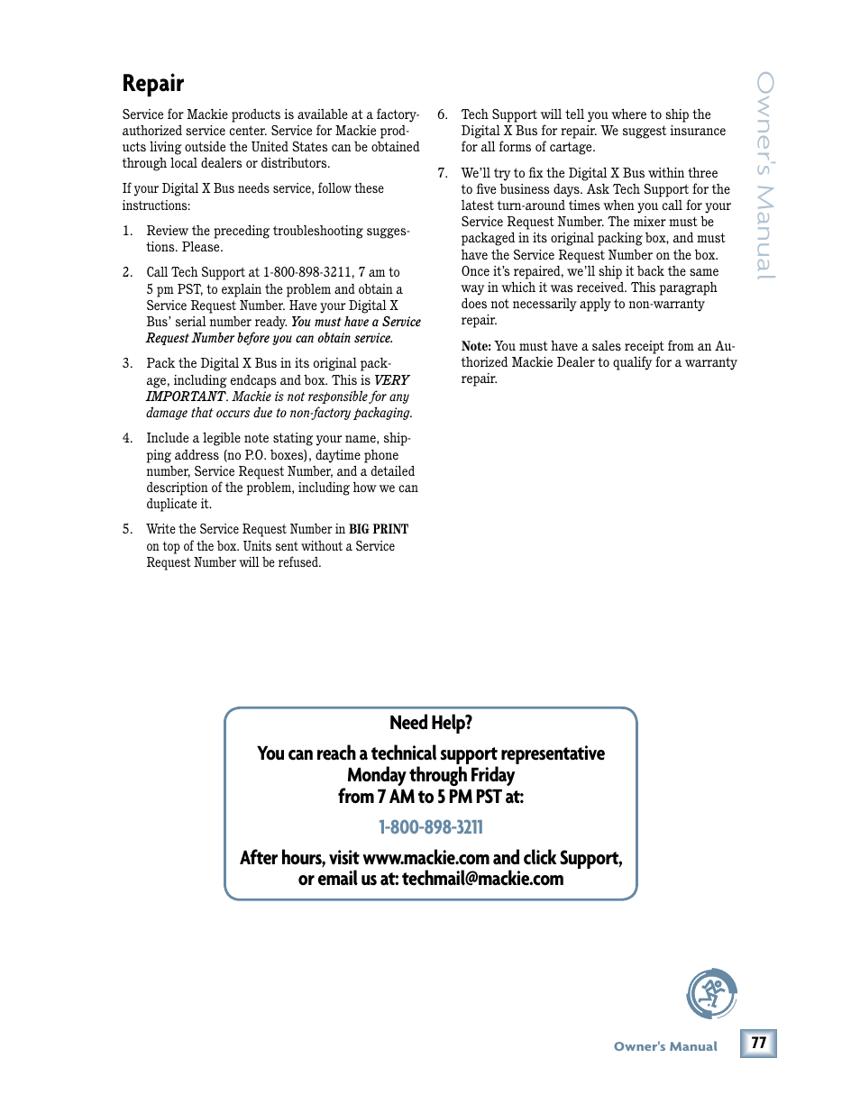 Repair, Owner 's manual | MACKIE DIGITALXBUS X.200 User Manual | Page 77 / 98
