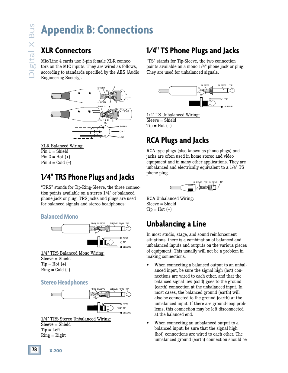 Appendix b: connections, Xlr connectors, 1/4" trs phone plugs and jacks | Balanced mono, Stereo headphones, 1/4" ts phone plugs and jacks, Rca plugs and jacks, Unbalancing a line, Digital x bus, X.200 | MACKIE DIGITALXBUS X.200 User Manual | Page 78 / 98