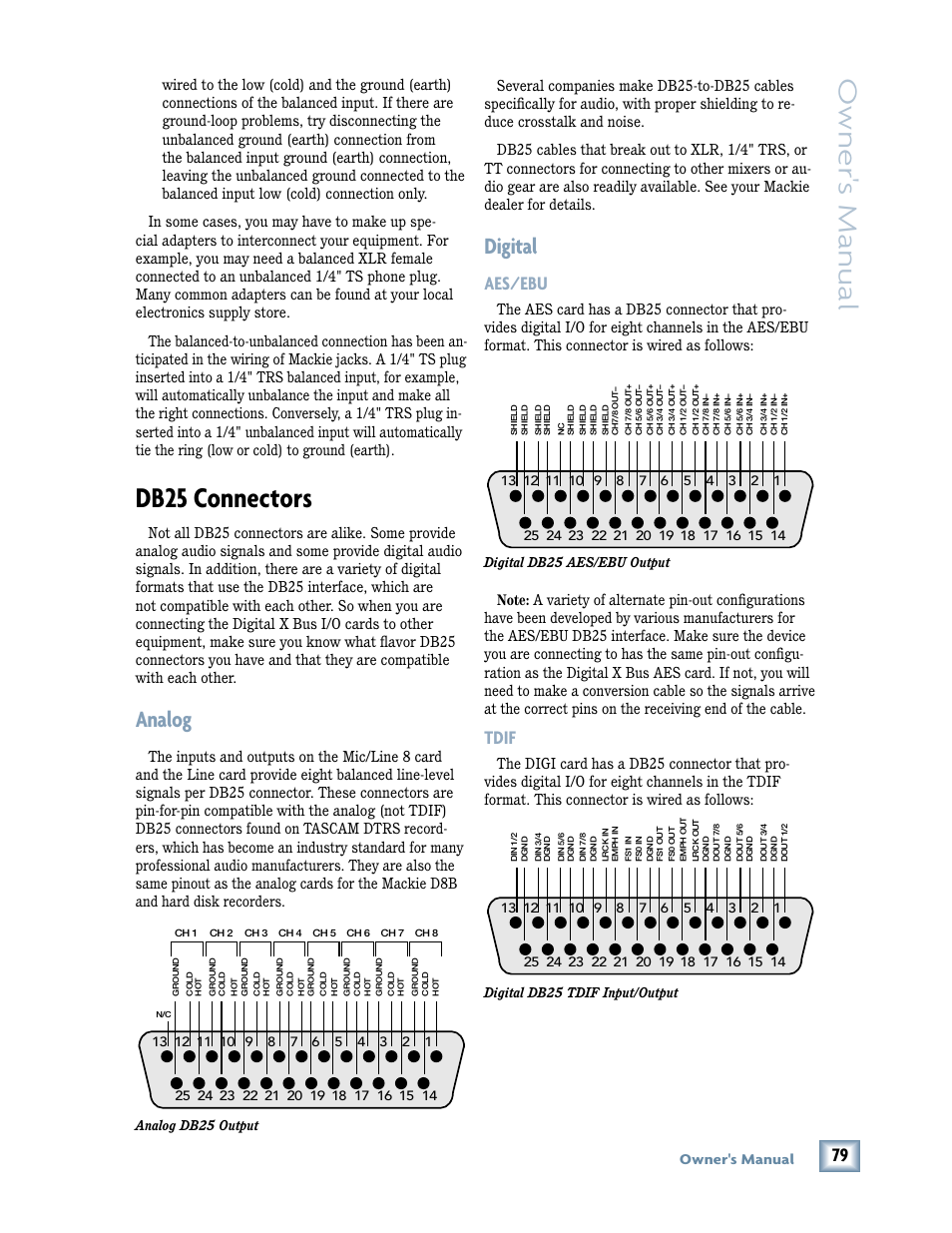 Db25 connectors, Analog, Digital | Aes/ebu tdif, Owner 's manual, Aes/ebu, Tdif, Owner's manual | MACKIE DIGITALXBUS X.200 User Manual | Page 79 / 98