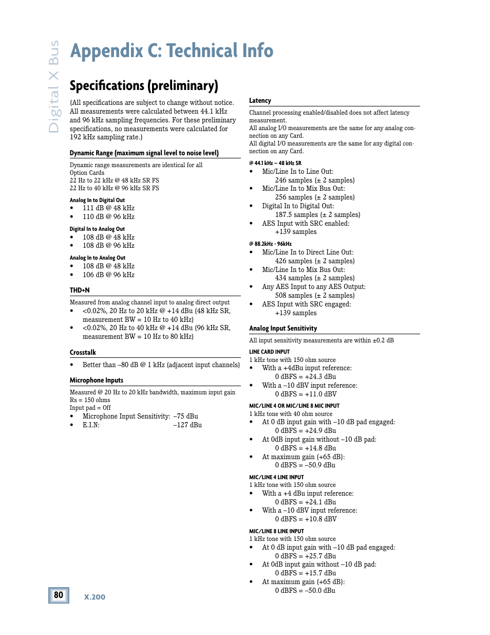 Appendix c: technical info, Speciﬁ cations (preliminary), Digital x bus | MACKIE DIGITALXBUS X.200 User Manual | Page 80 / 98