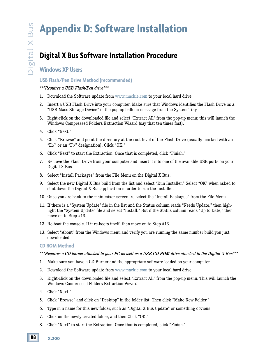 Appendix d: software installation, Digital x bus software installation procedure, Windows xp users | Digital x bus | MACKIE DIGITALXBUS X.200 User Manual | Page 88 / 98