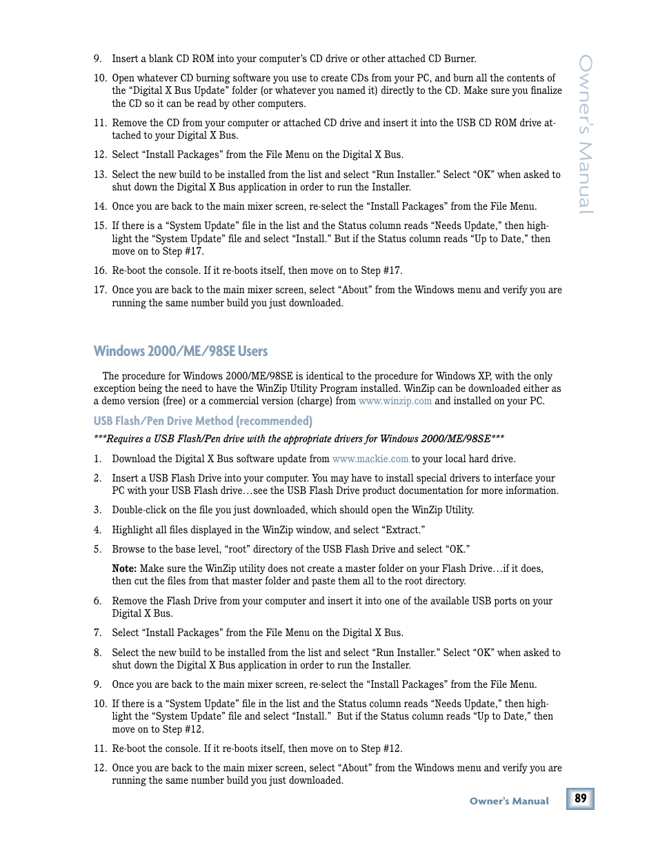 Windows 2000/me/98se users, Owner 's manual | MACKIE DIGITALXBUS X.200 User Manual | Page 89 / 98