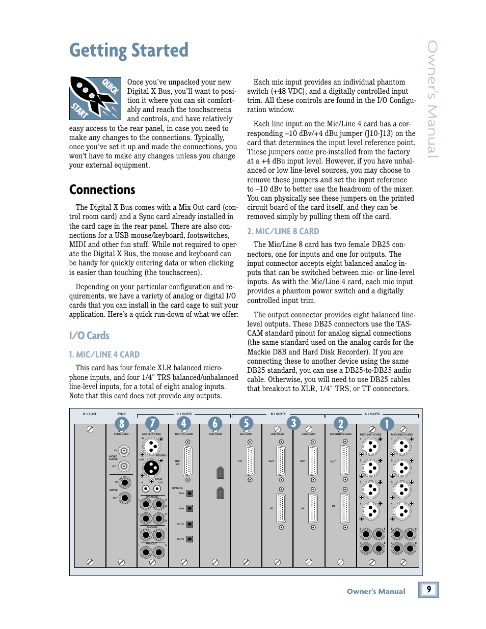 Getting started, Connections, I/o cards | Mic/line 4 card 2. mic/line 8 card, Owner 's manual, Mic/line 8 card, Mic/line 4 card, Owner's manual | MACKIE DIGITALXBUS X.200 User Manual | Page 9 / 98