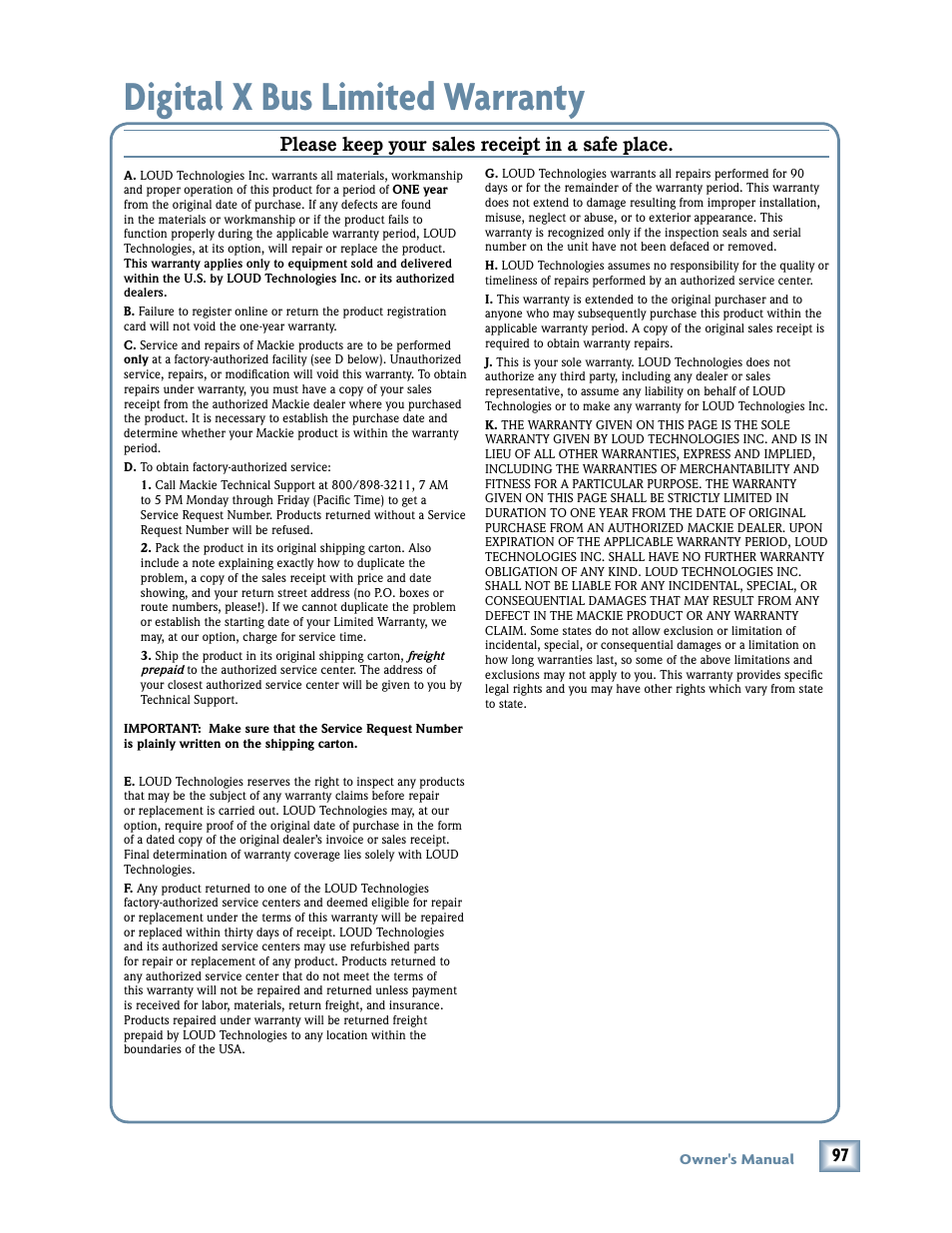Digital x bus limited warranty, Owner 's manual | MACKIE DIGITALXBUS X.200 User Manual | Page 97 / 98